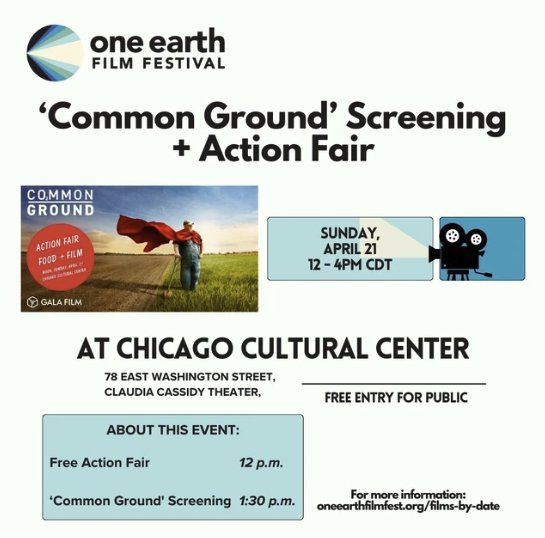 Join us for the 2024 @OneEarthFF, the Midwest’s premier environmental film fest! Attend a free screening of @commongrounddoc at the @ChiCulturCenter. Let's celebrate our 🌎 & work towards a sustainable future together! Details & tix: oneearthfilmfest.org/films-az-2024/…. #OneEarthFilmFest