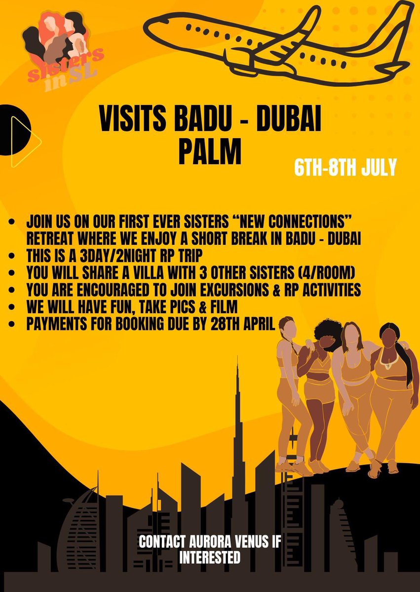 sisters_sl's tweet photo. Sisters In SL “New Connections” Retreat visits B A D U Dubai Palm - 6th - 8th July
For more info on destination, check out https://t.co/Do2mkiaoh4
1500L$ per night (3000L$ for 2 nights)
If interested, send me a msg. Payment will be due by Sunday 28th April. https://t.co/tHhhrLADEE