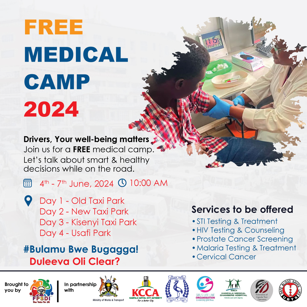 We are inviting the general public for a 4 day Free health camp organized by FPSDI together with GLLO in partnership with different organizations and hospitals themed under #BulamuBweBugaga #delevaOliClear which is to take place on 4th - 7th June 2024 in the 4 major taxi parks