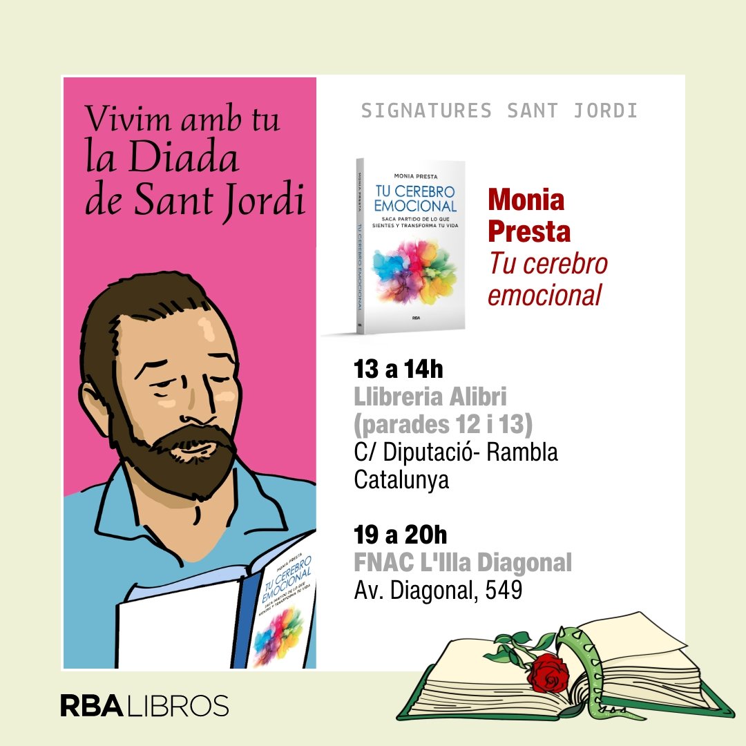 Tu Cerebro Emocional va por Segunda Edición en menos de un Año y Llega en#SantJordi24. Aquí van las Paradetas en Barcelona donde lo puedes Encontrar y Con Dedicatoria Especial para ti. Todo un Placer!  #SantJordi  #DiaDelLibro  <a href="/RBALibros/">RBA Libros</a>  <a href="/SBAgenciaLiter/">Sandra Bruna Agencia Literaria</a>