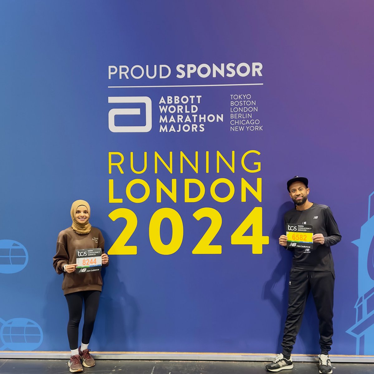 QuackShaikh's tweet photo. Ready for the @LondonMarathon tomorrow! Just picked up our race numbers at the Expo. Thanks to your generosity, we raised £2,000 for @CharityRightUK , providing school meals for those in need. 💙 Huge thanks to all! 🙏 #LondonMarathon #CharityRightUK https://t.co/HCGbdRtfiv