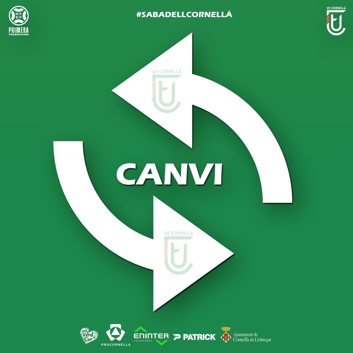 ⏱️ 82' | 1️⃣-1️⃣ | 🔄 Canvi a la @ue_cornella: ➡️ Canario ⬅️ Gonpi #SabadellCornellà 🟢