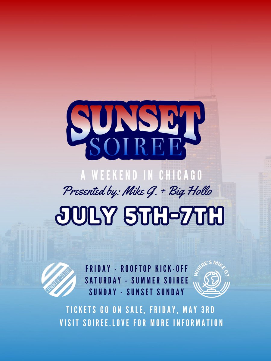 In case y’all didn’t — more information coming soon but see you in Chicago 4th of July Weekend 

#SunsetSoiree🌇🥂
#SummertimeChi
#SummerSoiree 
#SunetSundays