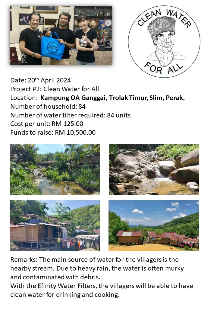 We are looking for funding to get water filters to indigenous Orang Asli Semai at Kampung Ganggai, Slim, Trolak Timur, Perak. Anybody are welcome to sponsor one waterfilter for a family or more....