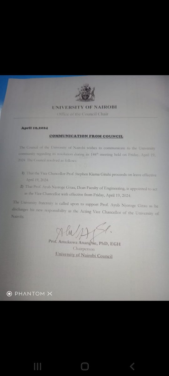 University of Nairobi: Steven Kiama proceed on leave, professor Ayub Njoroge to act as VC
