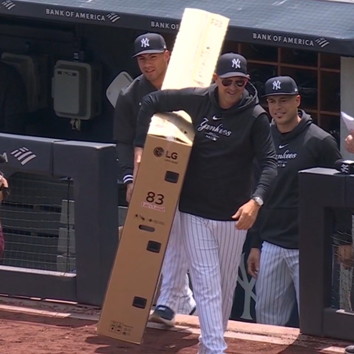 BOONE AND GLEYBER CARRYING A TV OUT OF THE DUGOUT LMAOOOOO