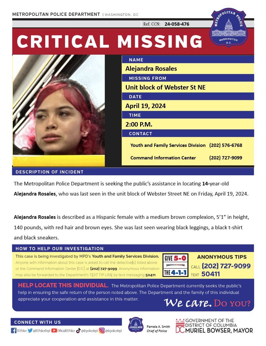 Critical #Missing 14-year-old Alejandra Rosales was last seen in the unit block of Webster Street NE on Friday, April 19, 2024.

Have info? Call 202-727-9099/text 50411.
