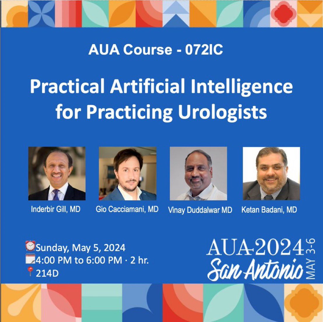 🎓join our inaugural <a href="/amerurological/">Amer. Urol. Assn.</a> instructional course to learn how #ai can enhance clinical practice &amp; research 

🤖Surgical AI
🤕Patients AI
🩻Radiology AI
🎓Regulations &amp; Research AI

👉register now tinylink.net/CIcXT

 <a href="/usc_urology/">USC Urology</a> <a href="/uscradiomics/">USC Radiomics Lab</a> <a href="/NYCRoboticTeam/">Ketan K. Badani MD</a> #aua24