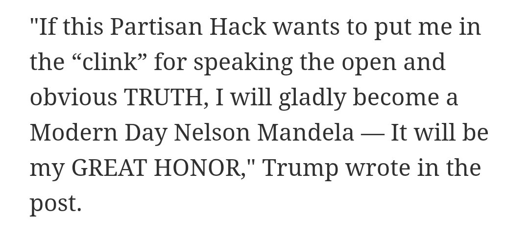 michaelmalice's tweet photo. Trump is exactly correct here
The goal all along was to have him die in prison just like Mandela did
It's only become more obvious now https://t.co/rUI9TBiwNN