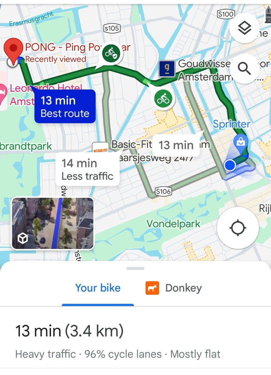 A 3.4km bike ride across the city here takes 13 minutes and is on 96% cycle lanes. The two alternatives differ by only 1 min and are 90% and 89% cycle lanes respectively. #cycling #Amsterdam