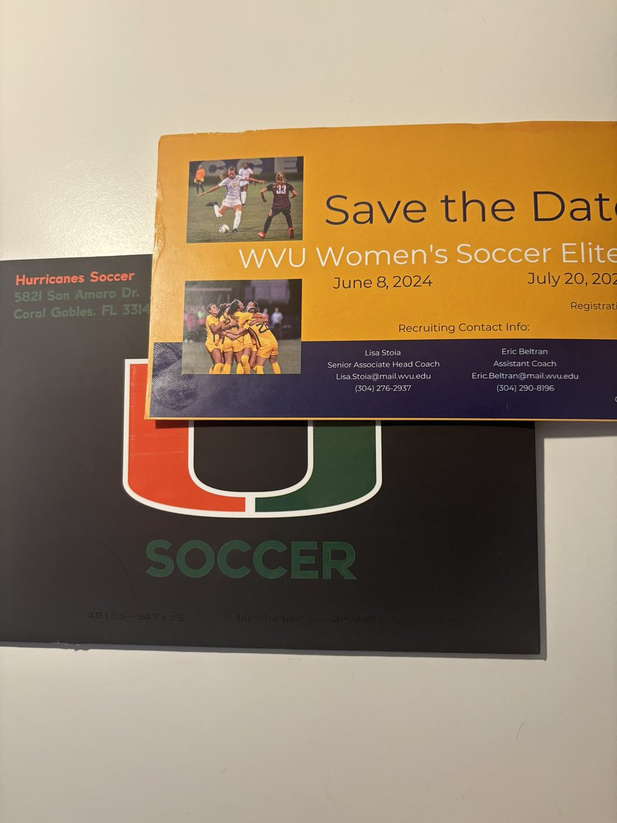 Thank you @CanesFutbol and @wvuwomenssoccer for more mail!! Can’t wait for June 15th!

@TopDrawerSoccer @PrepSoccer @TheSoccerWire @ImYouthSoccer