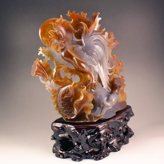 Fine natural agate 'Rooster and fish' statuette/ Qing Dynasty/ chinese #carving #art