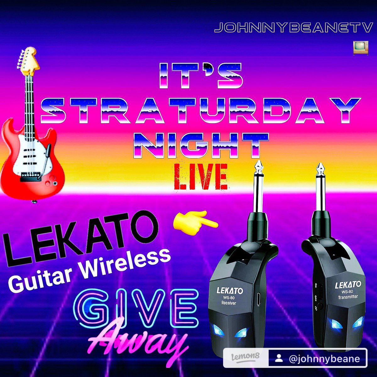 Join us tonight at 10:30 PM Eastern for 'Straturday Night LIVE' where we're giving away a LEKATO Guitar Wireless system! Tune in as we discuss all things music, guitars, and more. #SNL #Straturday #LEKATO #evhgear #KramerGuitars #johnnybeaneTV #EddieVanHalen #vanhalen