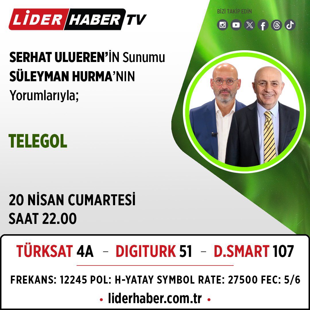 Başkanımız Süleyman Hurma, bu akşam saat 22:00’da Lider Haber TV’de Serhat Ulueren’in sunumu ile Telegol programına konuk olacak ve çok önemli açıklamalarda bulunacak.