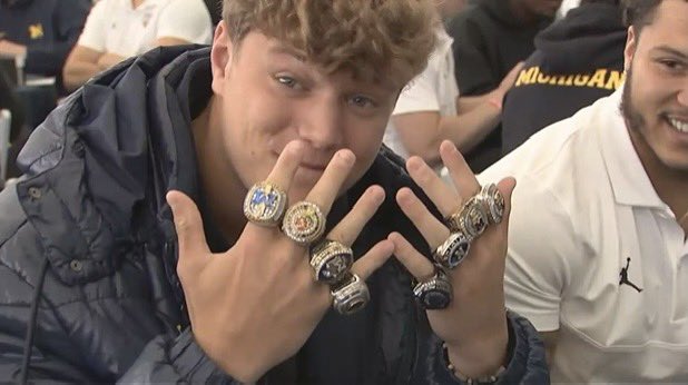 JJ McCarthy got his rings!

The greatest quarterback in the 144-year history of Michigan football:

• 27-1 record as a starter
• National champion
• 3x Big Ten champion
• 3x CFP appearances
• Rose Bowl champion and MVP
• 2x All-Big Ten
• 3-0 record vs. Ohio State