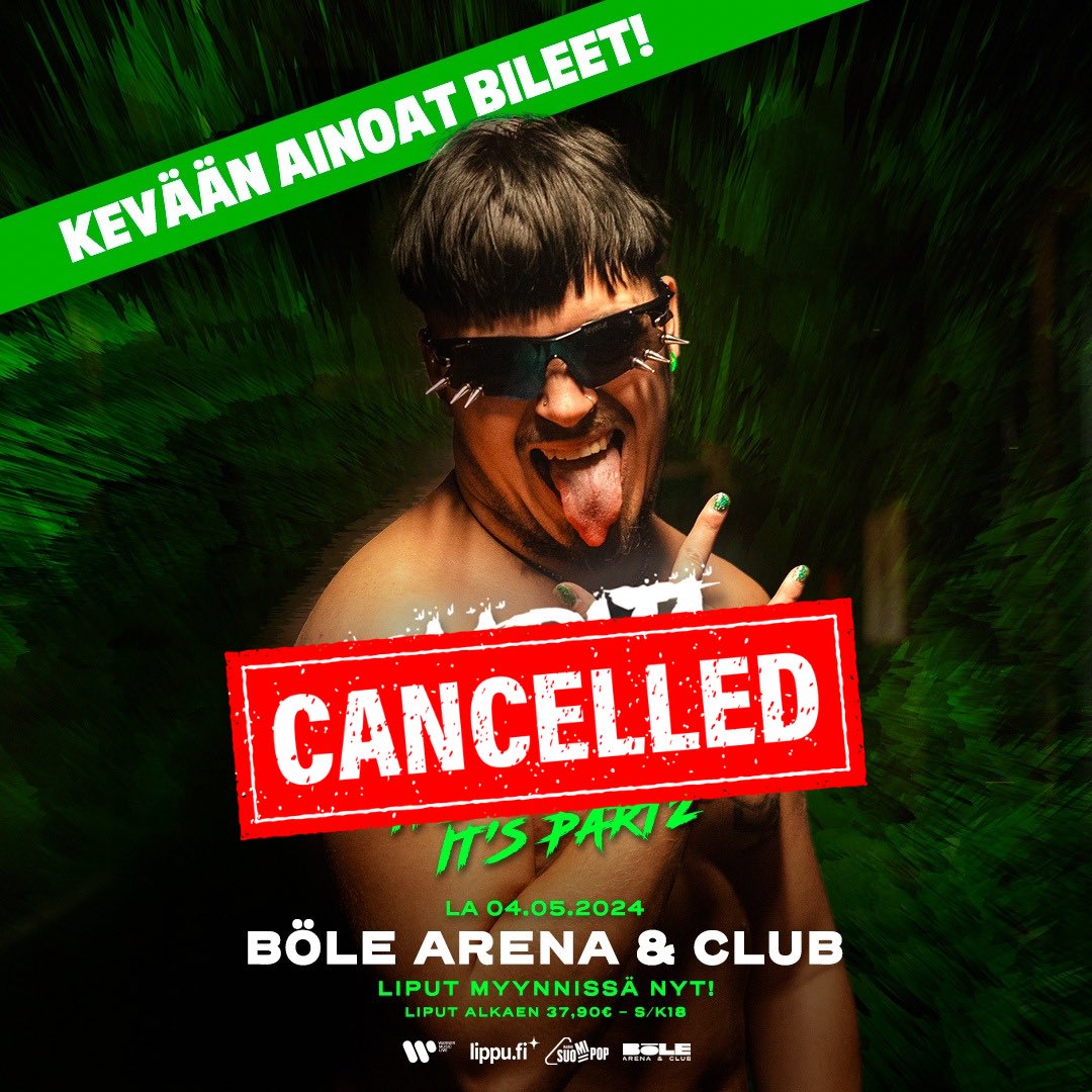BREAKING NEWS: Böle Arena concert is cancelled. 'I've seen enough gay people', shares Käärijä as the reasoning behind this decision.