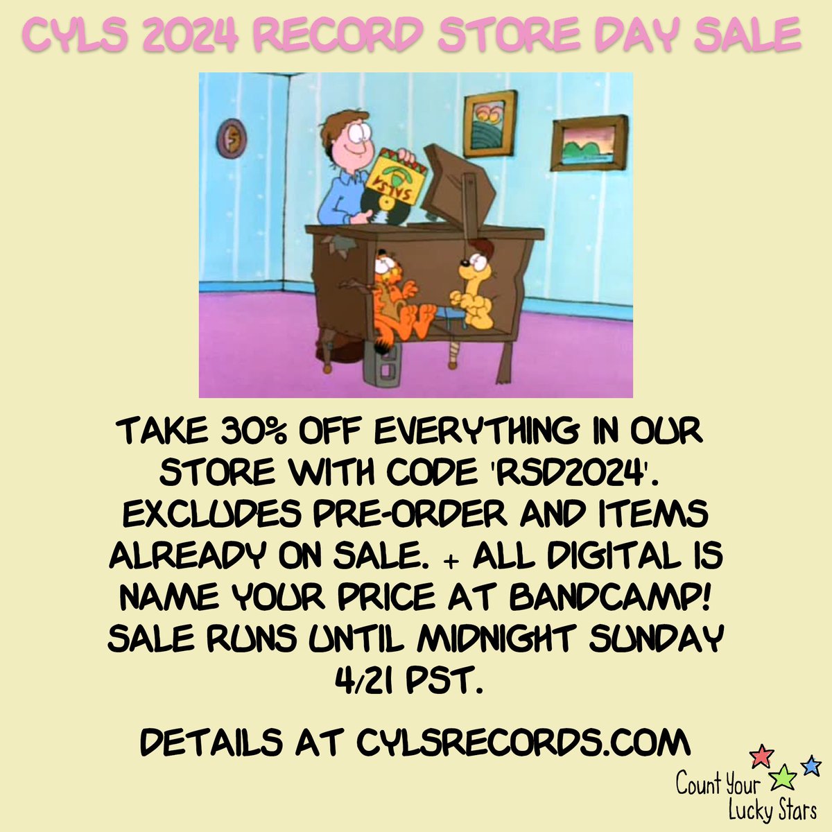 It is FINALLY Record Store Day! Take 30% off nearly EVERYTHING in our webstore today AND tomorrow with code ‘RSD2024’: cylsrecords.com Plus, all digital at our Bandcamp is pay what you want: countyourluckystars.bandcamp.com