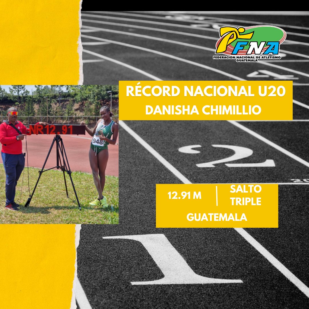 Danisha C estableció un nuevo récord nacional U20 con una marca de 12.91 metros, superando el que se encontraba vigente desde 1996 por María F con 12.68. Esta marca también es de acceso al mundial U20 que se celebrará en los próximos meses en Lima, Perú. 🤩 #AtletismoGT 🇬🇹👏🏻