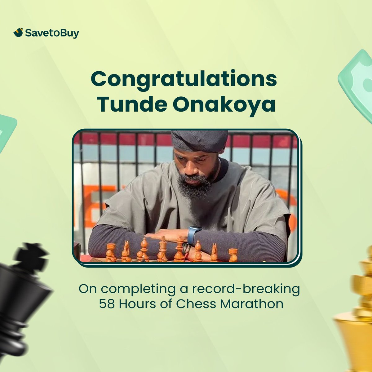 SavetoBuy salutes chess champion Tunde Onakoya for his incredible 58-hour marathon feat!

#LongestChessMaranthon #58HoursComplete #ChessMarathon #TundeOnakoya
#worldrecord
#savetobuy