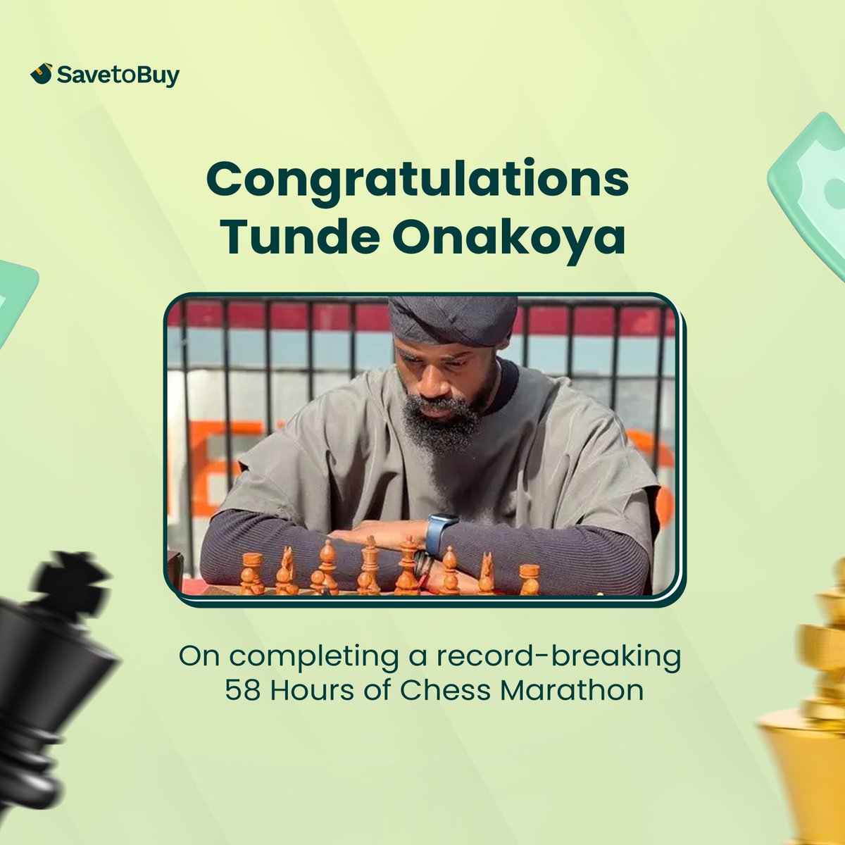 UseSavetoBuy's tweet image. SavetoBuy salutes chess champion Tunde Onakoya for his incredible 58-hour marathon feat!

#LongestChessMaranthon #58HoursComplete #ChessMarathon #TundeOnakoya
#worldrecord
#savetobuy
