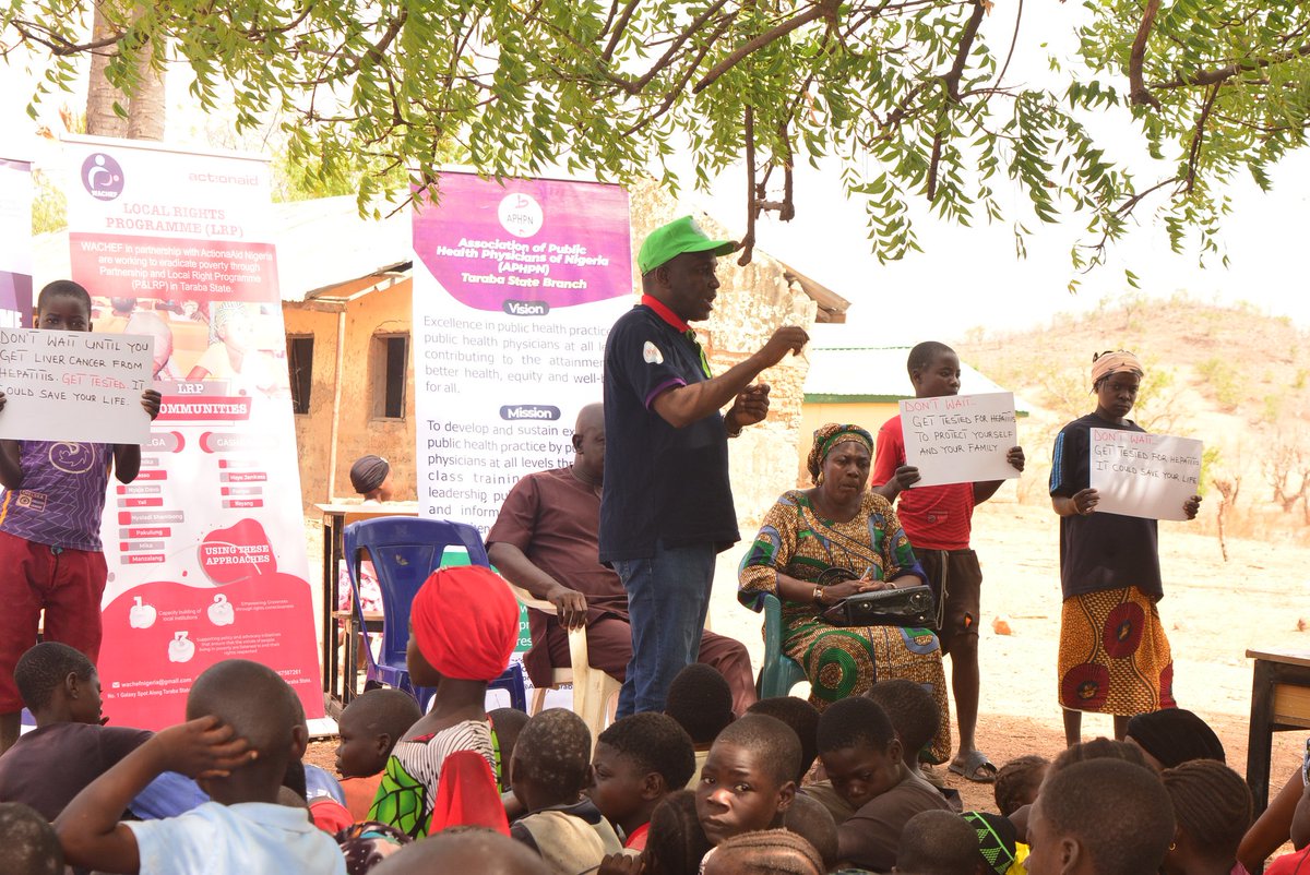 wachefnigeria's tweet photo. WACHEF, in collaboration with the Association of Public Health Physician of Nigeria (APHPN) Taraba State branch and with support from ActionAid Nigeria through the Local Right Programme (LRP), organized a viral hepatitis awareness campaign for women and children in Yorro. https://t.co/DJiHb0hmYI
