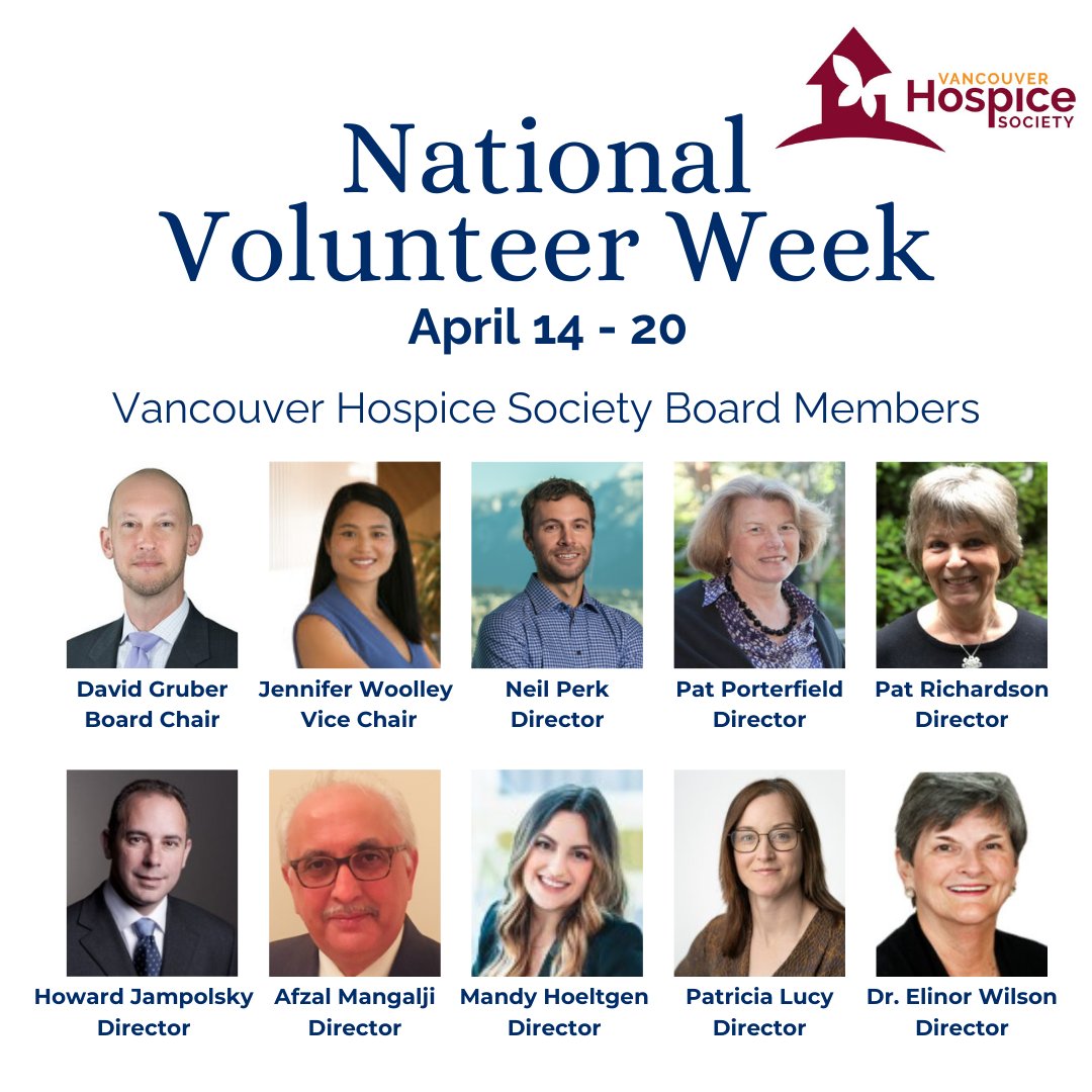 To conclude our National Volunteer Week, we wanted to specially thank our Vancouver Hospice Society Board Members for their invaluable expertise and strategic contributions. #NationalVolunteerWeek #BoardMembers #VHSBoard
