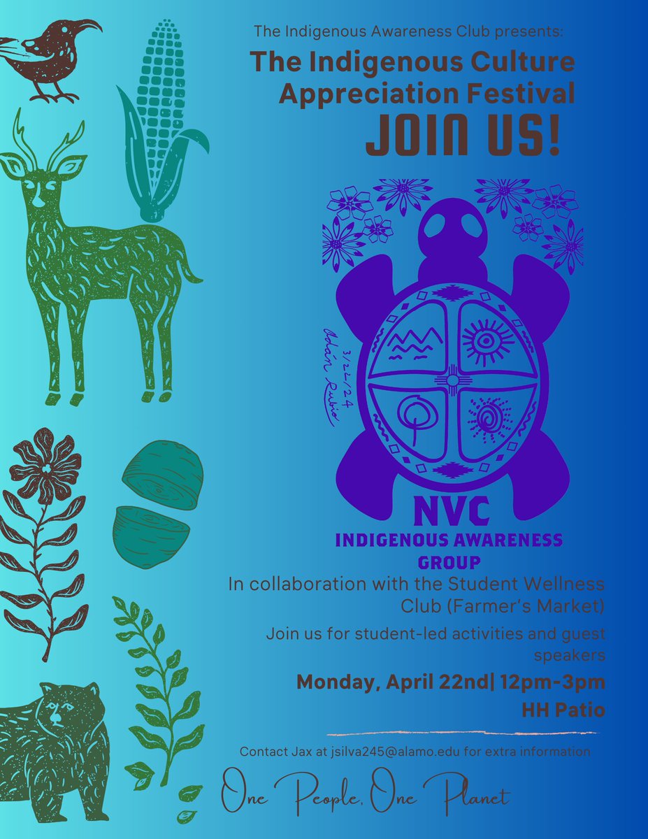 Join us for our panel presentation at Northwest Vista College's Indigenous Culture Appreciation Festival! Let's celebrate Indigenous perspectives and heritage together, Monday, April 22nd!
