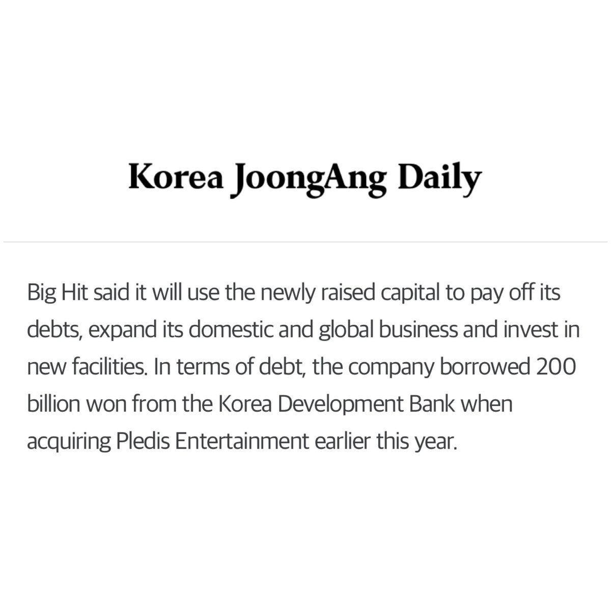 13_Gems_17's tweet photo. Now, did Pledis already have debt when they were acquired by HYBE? Yes! Did HYBE take out a loan to acquire Pledis, &amp; did they (HYBE) themselves also already have debt when they chose to acquire Pledis? Yes!

BUT, does that mean both companies (Pledis &amp; Hybe) are/were broke? NO! https://t.co/FOqN6jqbk8
