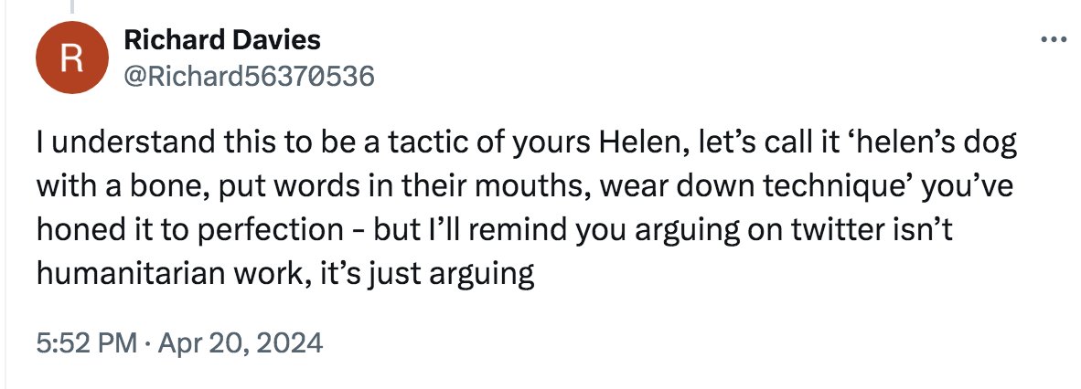 It's odd isn't it, for a man to gently chide a woman for not spending her time doing 'humanitarian work' on a Saturday, whilst he spends time arguing with her.
