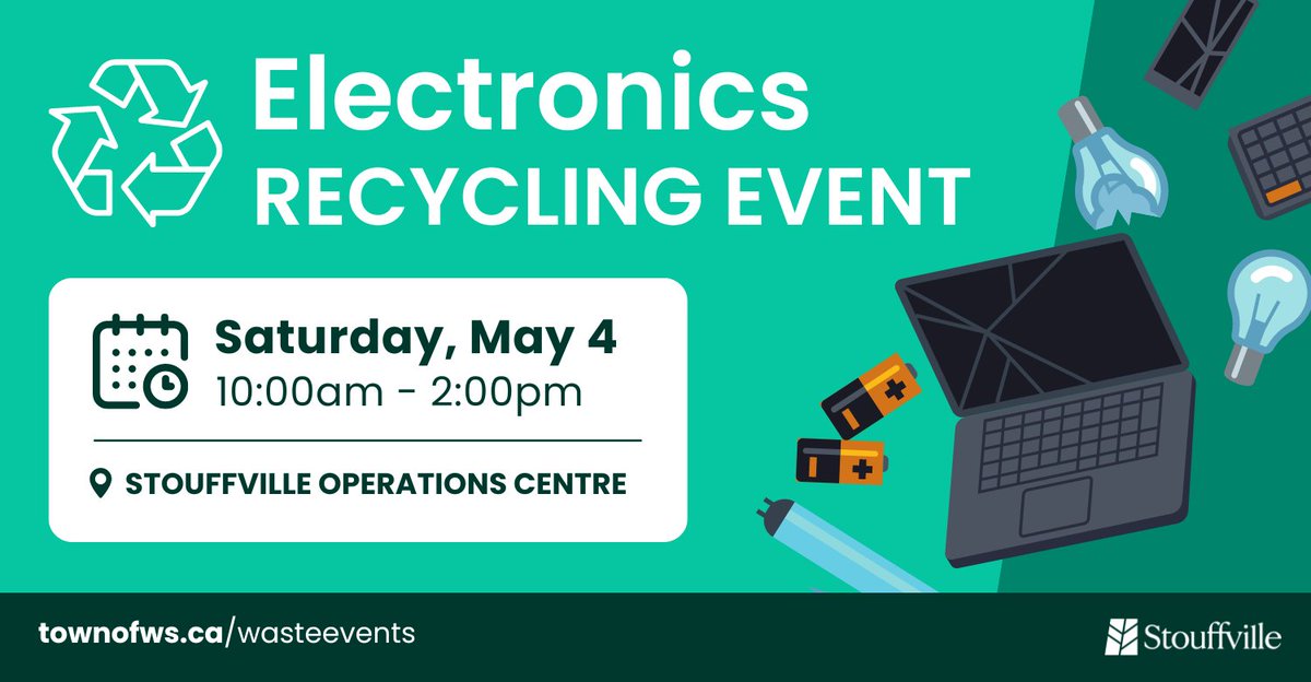 ♻️ Did you know electronics are banned from curbside collection? Bring your old laptops, cell phones, TVs, and more to ️our Electronics Recycling Event on Sat. May 4 from 10 a.m. to 2 p.m. at the WS Operations Centre🌱🔌 Visit townofws.ca/wasteevents for more details.