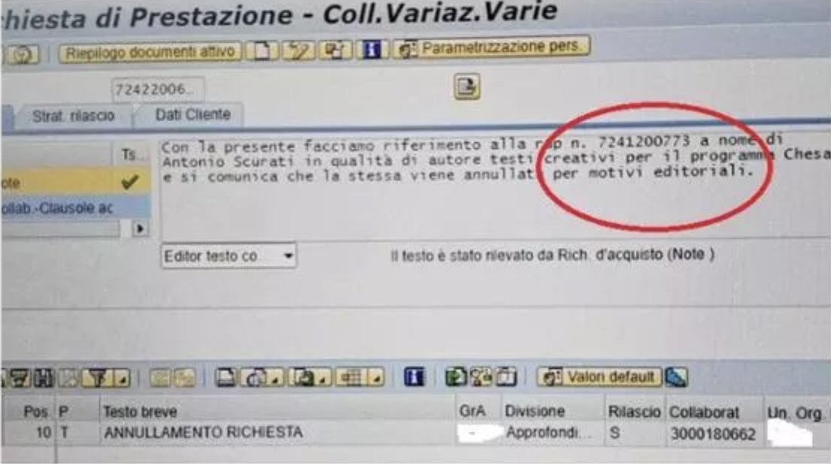 Premesso che quanto afferma la Rai, e cioè che la revoca dell'invito a Scurati sarebbe avvenuta per motivi economici, e non editoriali, è smentita dal documento pubblicato da Repubblica, da cui risulta l'opposto (repubblica.it/politica/2024/…, vedi foto 1). E premesso pure che, quando