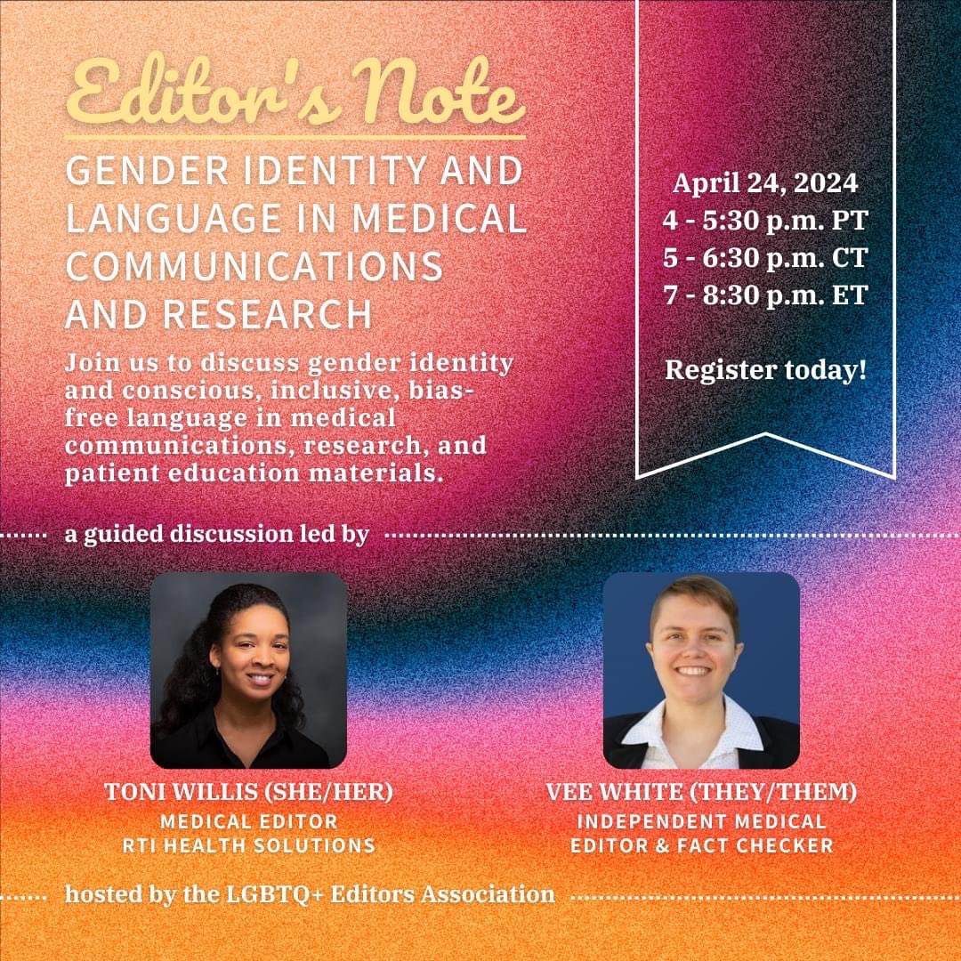**Registration ends Mon**

Are you an LGBTQIA2S+ medical editor or writer?
Join us to discuss gender identity and language in medical communications, research, and patient ed materials on April 24!

Register: eventbrite.com/e/gender-ident…

#MedicalEditors #MedicalWriters #LGBTQEditors