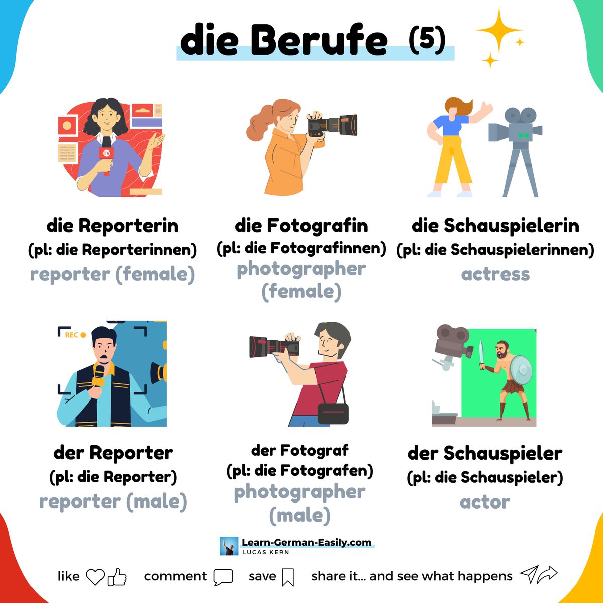 🇩🇪

🎥🎭📸 Isn't it funny that all these professions involve cameras?

They all require different skills, but at least they have something in common.

Learn to master German and speak fluently the easy way!
learn-german-easily.com/7-rule-challen…

___
#germanvocabulary #LearnGerman #testdaf