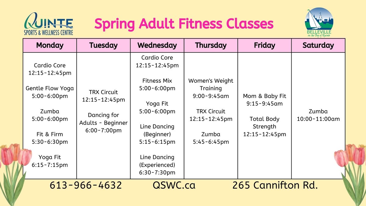 Registration is open for Spring session fitness classes and spaces are limited. quintesportsandwellnesscentre.ca/en/activities-…