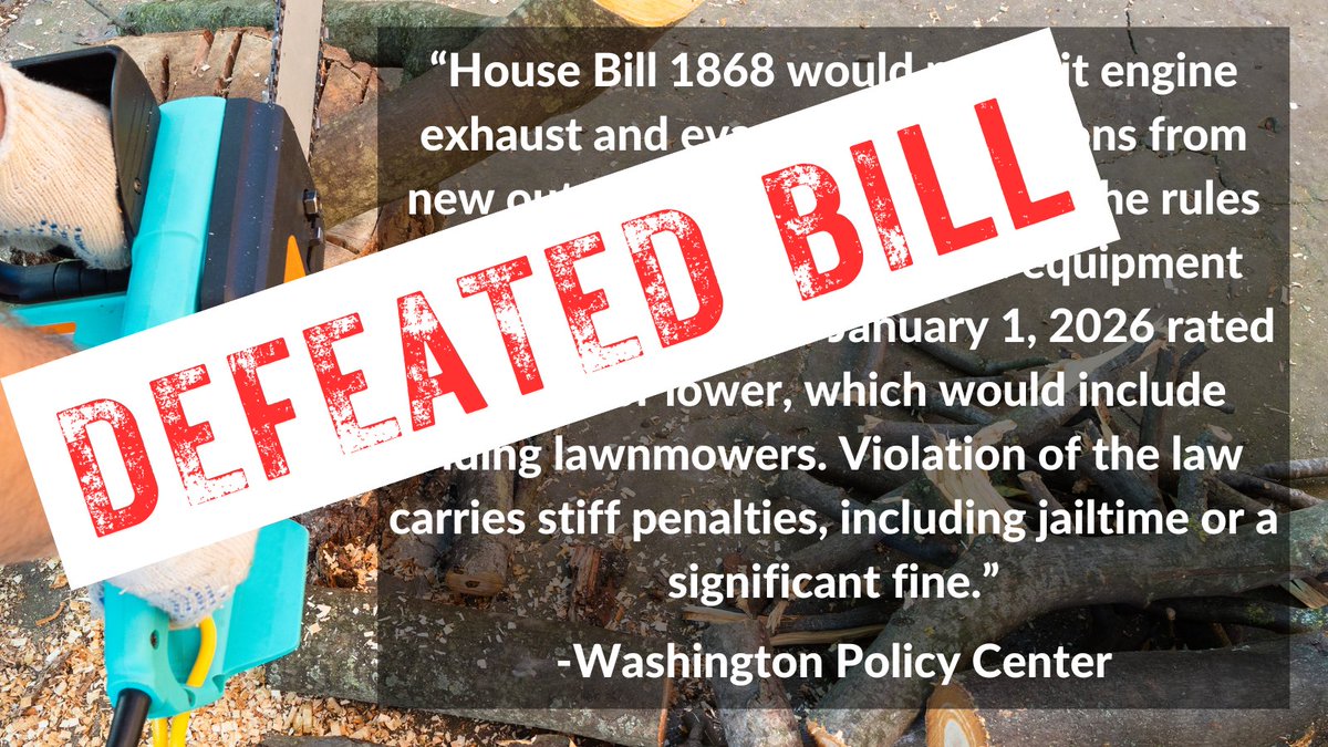 Good News: A bill from WA Democrat Representatives seeking to ban all new gas-powered outdoor equipment with penalties including jail time for not complying, was defeated this session. Stay vigilant, it could return next year. #PainInTheGas #waleg ow.ly/tY5u50R0pXC