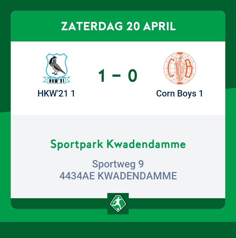 HKW '21 - Corn Boys 1-0

De 3 punten blijven in Kwadendamme.
Jammer! En we zakken nog een plaats in de rangschikking, naar plaats 8.
Met nog 2 wedstrijden uit naar S.V. Oostburg en de laatste wedstrijd thuis tegen VV Spui zal het spannend blijven tot de laatste speeldag.