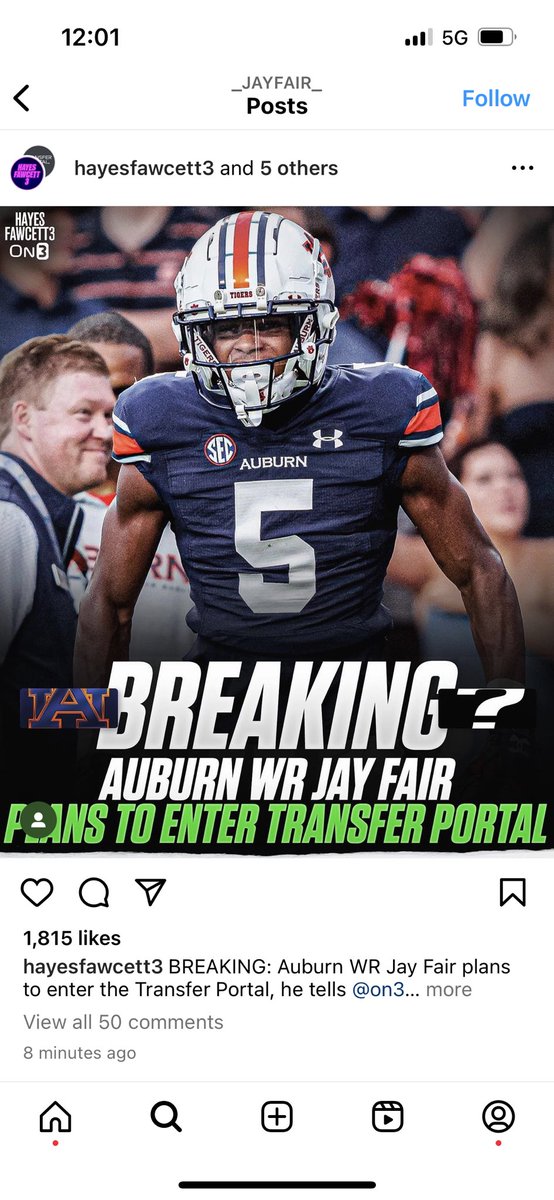 Auburn WR Jay Fair is in the transfer portal, per his Instagram.