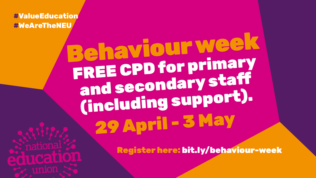 📢Behaviour week Free @NEU_CPD for primary and secondary members (including support staff). 📆29 April-3 May Explore positive psychology, managing the tricky class & more. Register here👉 bit.ly/behaviour-week *Sign up to access recordings for sessions. #ValueEducation