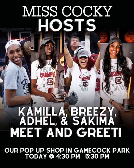 Go check out my babies @GamecockWBB will be at Gamecock Park at the @MissCockySC pop up shop! @Kamillascsilva @SakimaWalker @breezyhalll @TacAdhel