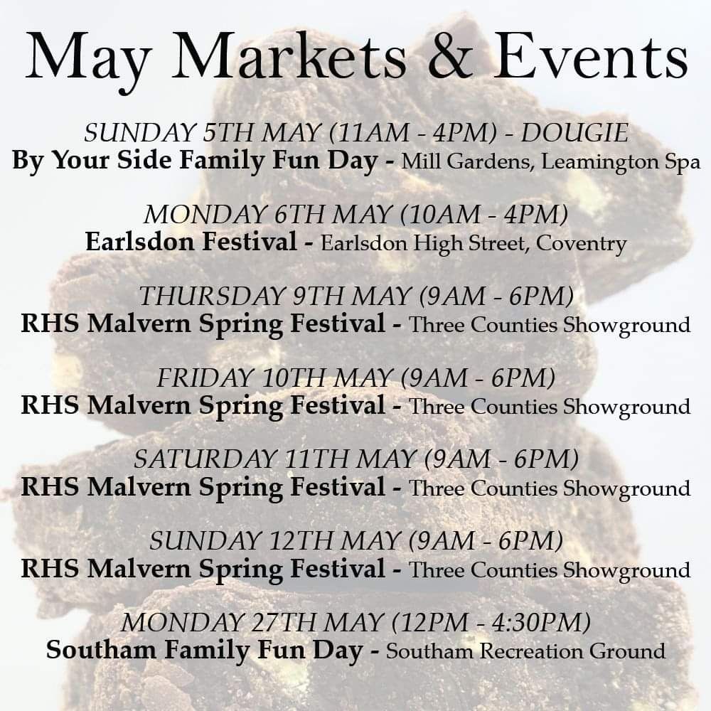 We have a very busy May coming up 
You can find us at local events as well as a little further afield.

I’m very much looking forward to being at Earlsdon Festival again for the 3rd year.
And also excited to be at RHS Malvern for the first time too. 

Where will we be seeing you?