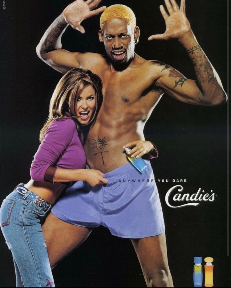 BOTTLEBLONDEZ's tweet photo. Carmen electra and her then husband dennis rodman for candies (1999) https://t.co/Xb2vaDwJmU