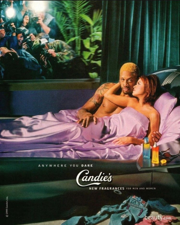BOTTLEBLONDEZ's tweet photo. Carmen electra and her then husband dennis rodman for candies (1999) https://t.co/Xb2vaDwJmU