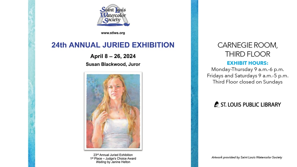 The Saint Louis Watercolor Society Exhibit is on display April 8- 26 at Central Library. Explore the 24th Annual Juried Exhibition on display for a limited time. The exhibit is free and open to the public.⁠