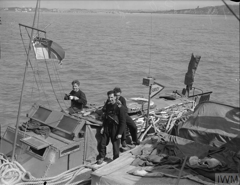 Some great Mulberry harbour images here. Their success was contributed to by the 712th Landing Craft (Survey) Flotilla, which paid a number of clandestine visits to the Normandy beaches to carry out hydrographic surveys in specially adapted landing craft. (📸 IWM A 24068)