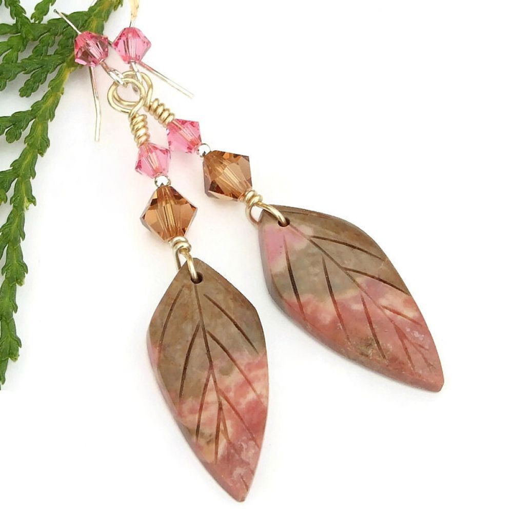 Beautiful Hand-carved Pink & Brown Rhodonite #Gemstone #Leaf #Earrings w/ Swarovski Crystals!    via @ShadowDogDesign #bmecountdown #ShopSmall #MothersDay #GemstoneEarrings     bit.ly/LindasFolhas