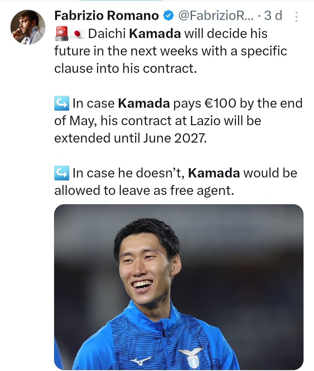 Daichi #Kamada 🎙(SportsHochi): 'What Fabrizio Romano wrote about my contract is wrong. Why would i need to pay 100€ to extend my own contract?' #Lazio #SerieA