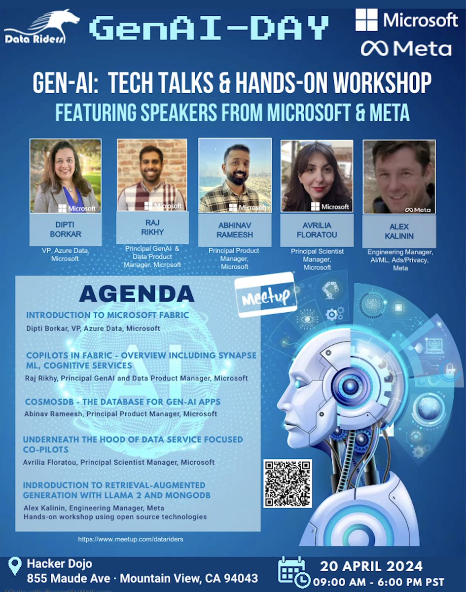 Happening NOW!

"GenAI Day" at Hacker Dojo, Mountain View

#microsoft_fabric
#copilot
#openai
#cosmosdb
#genai 
#llm 
#rag
#llama2
#mongodb