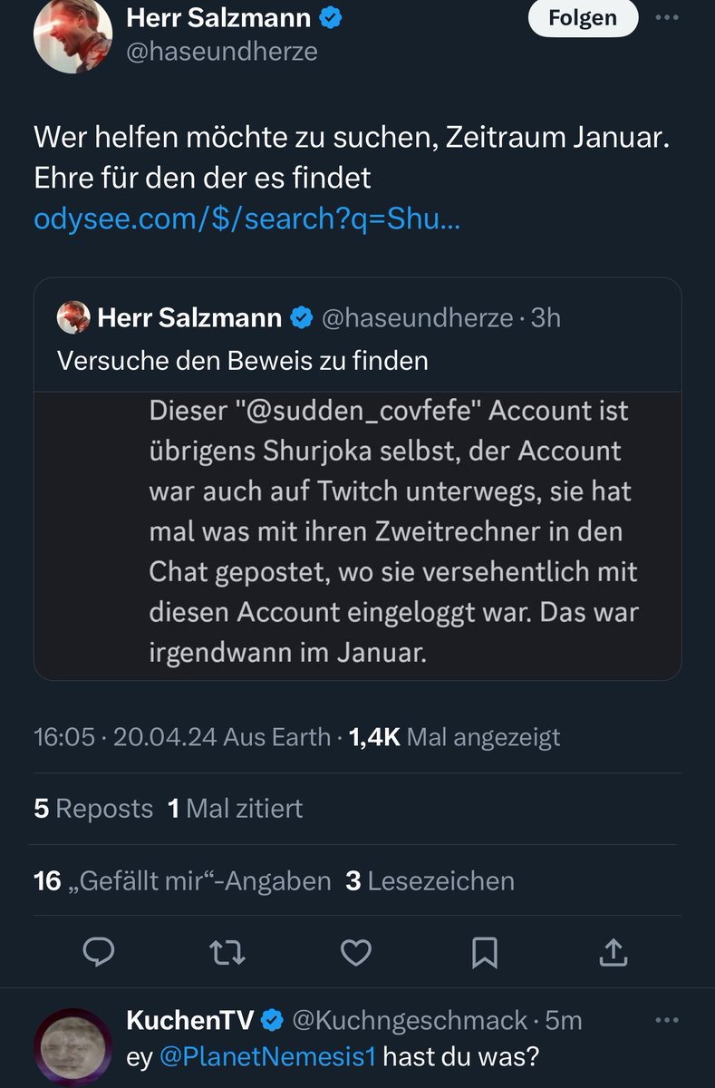 Wir sind mittlerweile an dem Punkt angekommen, an dem ein @Kuchngeschmack sich mit dem rechtsradikalen Account @haseundherze zusammentut. Es wird versucht, im Netz gegen @Shurjoka Hetze zu verbreiten. Salzmann, ist bekannt dafür eigentlich pausenlos gegen Frauen im Netz zu hetzen