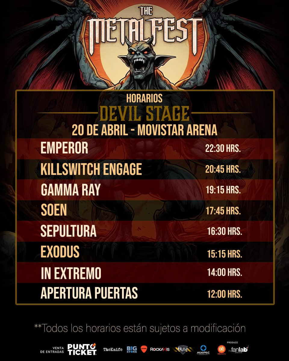 Santiago🇨🇱! Tonight we play the legendary @movistararena alongside Emperor, @kseofficial, Gammaray, @soenmusic, @ExodusAttack and more! We’re on at 16:30 🤘

21.Abr Buenos Aires🇦🇷 @TeatroFlores
22.Abr Montevideo🇺🇾 @MMusicBox